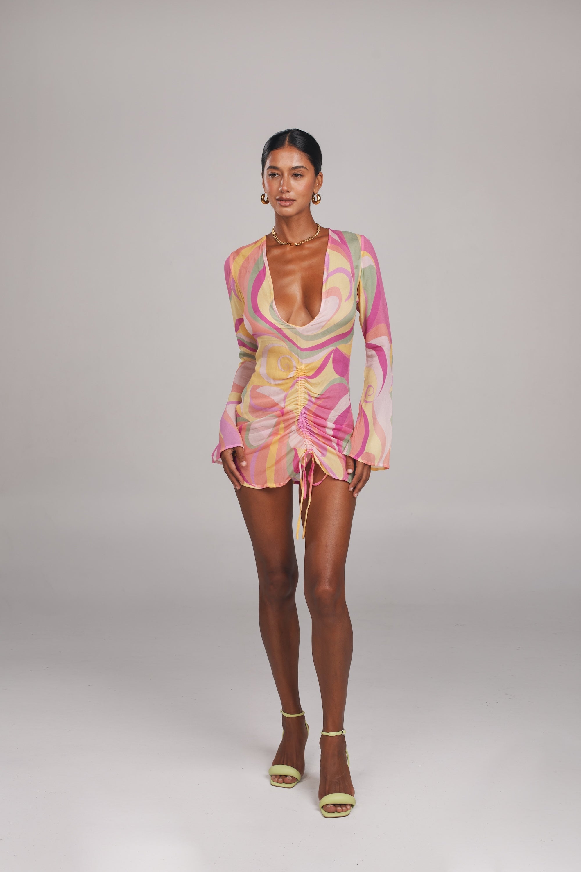 Plunge Mesh Mini Dress — Pastel Retro Swirl Flared Sleeve