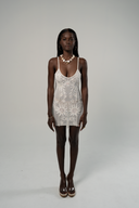 White beaded mesh mini dress with hand-embroidered sun and spiral artwork, body-skimming fit.