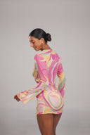 Hot Minute Pastel Retro Swirl plunge mini dress — back view