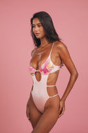 Kaia beaded plunge one-piece swimsuit in Pastel Retro Swirl — side view