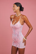 Rhea in Pink  sequin mesh mini dress — side view